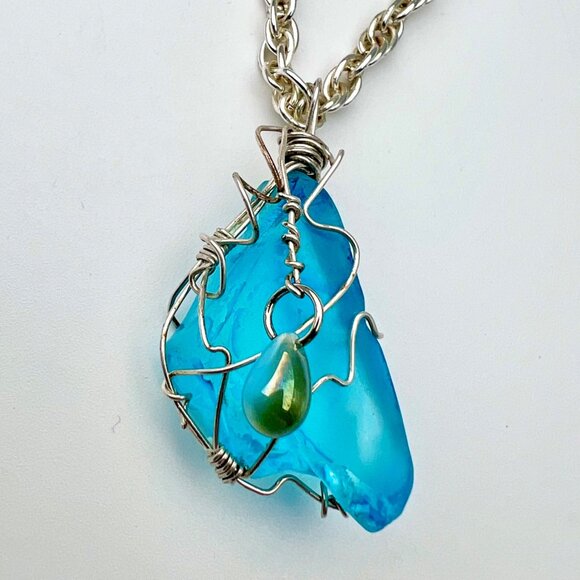 Handmade Wire Wrapped Blue Art Glass Pendant Necklace Drop Accent - Picture 2 of 10
